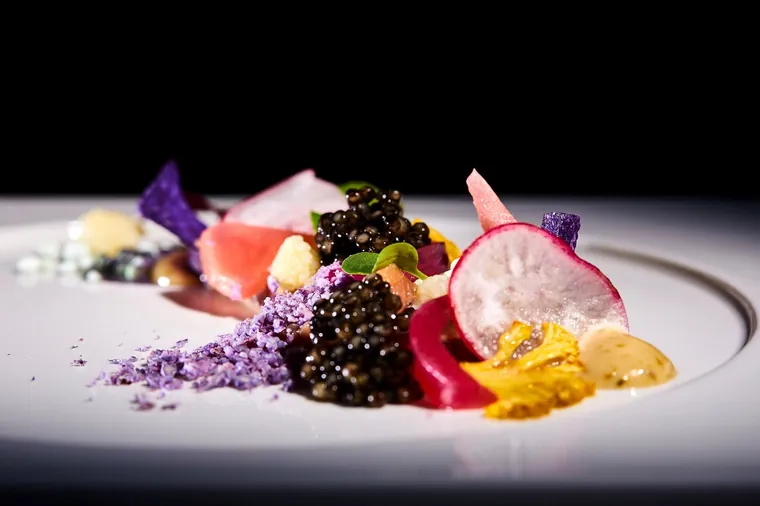 A white-chocolate and berry dessert with sorbet