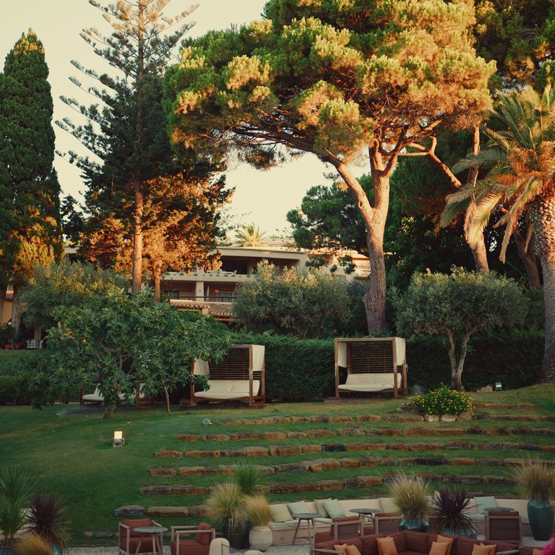 Praça das Rosas at Vilalara, the pines and the garden terraces in the evening light